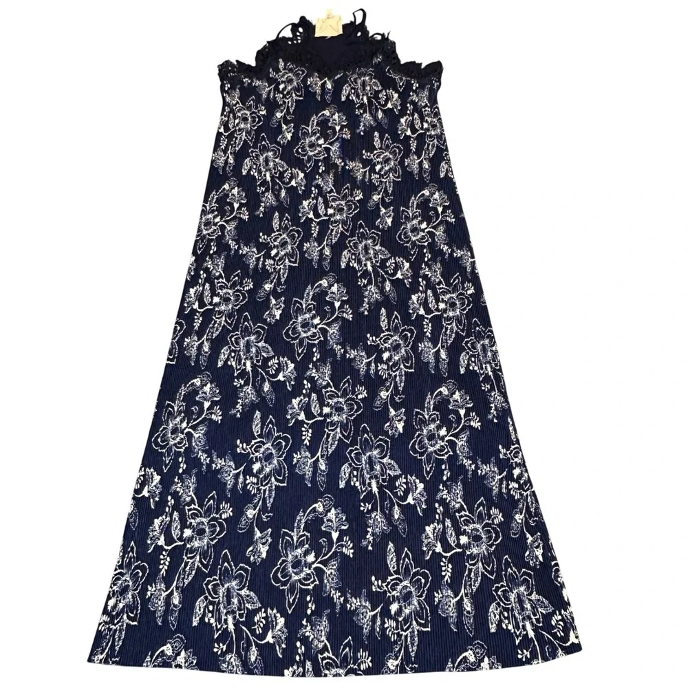Moon River Navy Blue Floral Plisse Maxi Dress Lace Trim Adjustable Straps Small